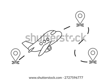 Airplane with dashed travel route and map pins. Line flight path illustration showing multiple destinations, isolated on white background.