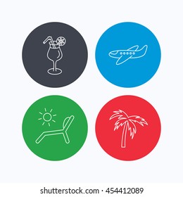 Airplane, deck chair and cocktail icons. Palm tree linear sign. Linear icons on colored buttons. Flat web symbols. Vector