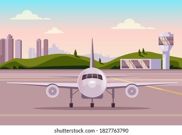 Airplane departure airport. Transportation concept. Vector flat graphic design illustration