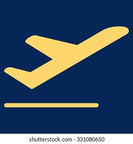 Airplane Departure vector icon. Style is flat yellow symbol, rounded angles, blue background.