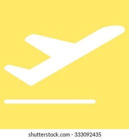 Airplane Departure vector icon. Style is flat white symbol, rounded angles, yellow background.