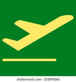 Airplane Departure vector icon. Style is flat yellow symbol, rounded angles, green background.