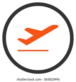 Airplane Departure vector icon. Style is bicolor flat circled symbol, orange and gray colors, rounded angles, white background.