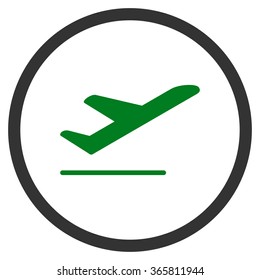 Airplane Departure vector icon. Style is bicolor flat circled symbol, green and gray colors, rounded angles, white background.