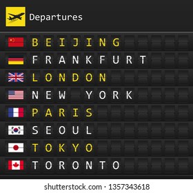 Airplane departures destination table board to major cities in the world with national flags posted inside