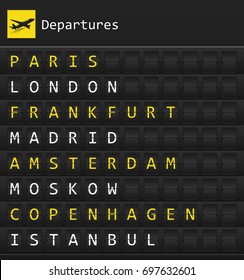 Airplane departures destination table board to major cities in Europe