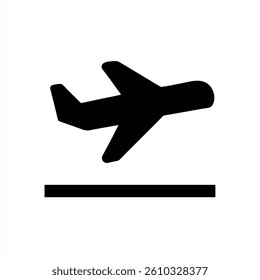 An airplane is depicted in a vector style, lifting off from a runway. The design features bold silhouettes and minimal details, emphasizing the aircrafts ascent into the sky.
