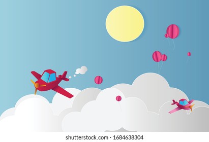 airplane design card for kids. Vector illustration. Paper cut and craft style.