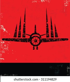 Airplane design on red background, grunge vector