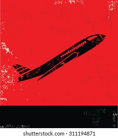 Airplane design on red background, grunge vector