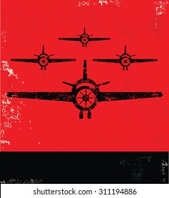 Airplane design on red background, grunge vector