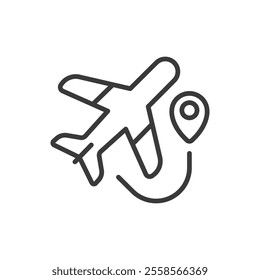 Airplane destination, icon in line design. Airplane, destination, travel, flight, aviation, journey, arrival on white background vector. Airplane destination, icon in line design editable stroke icon