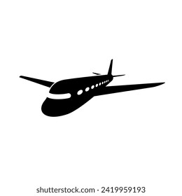 Airplane in diagonally front view. Solid style black color icon.