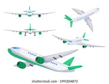 Airplane from different angles vector flat illustrations set. Plane flying and landing, front view of jet isolated on white background. Holiday, aviation, aircraft, traveling, cargo service concept