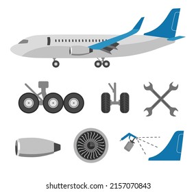 Airplane And Different Parts Flat Vector Illustrations Set. Aircraft Factory, Jet, Wrenches, Wheels, Engine For Plane Repair Work Or Airport. Maintenance, Aerospace Or Aviation Industry Concept