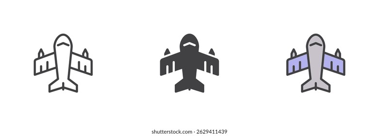 Airplane different style icon set. Line, glyph and filled outline colorful version, outline and filled vector sign. Plane symbol, logo illustration. Vector graphics