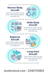 Airplane different types infographic vertical sequence. Aviation services, industry. Visualization infochart with 4 steps. Circles workflow