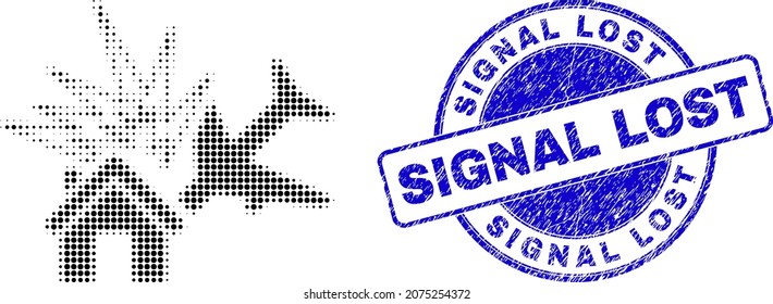 Airplane disaster halftone dotted icon, and Signal Lost seal stamp. Blue vector round textured seal stamp with Signal Lost text inside circle form.