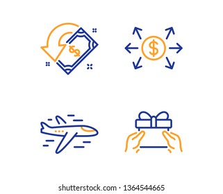 Airplane, Dollar exchange and Cashback icons simple set. Give present sign. Plane, Payment, Receive money. Receive a gift. Business set. Linear airplane icon. Colorful design set. Vector