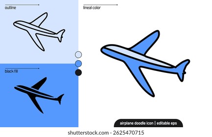 Airplane doodle icon vector illustration in lineal color, outline, and black fill silhouette style. Editable EPS, excellent for travel, aviation, or transportation graphic content.