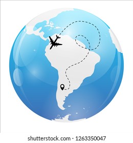 Airplane dotted flight background above world map. Vector Illustration EPS10