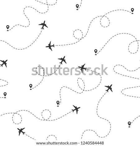 Airplane dotted flight line seamless pattern. Plane flying path. Travel concept vector wallpaper