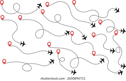 airplane with dotted flight path. air plane route dash line route with location pin. airplane icon set. plane symbol. map symbol
