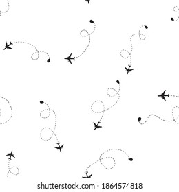 Airplane dotted flight seamless pattern background. Vector Illustration