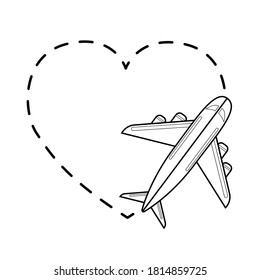 Avión e imagen del vector del corazón punteado sobre fondo blanco. Viajando en avión. Me encanta viajar con imágenes gráficas. Imagen lineal de un avión. Esbozo para tatuaje o impresión.