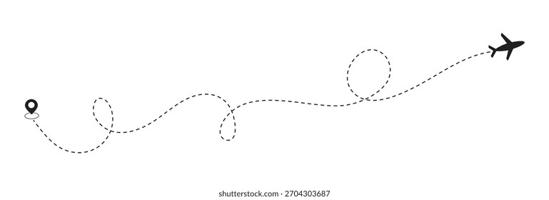 Línea punteada de avión. Trayectoria de vuelo con línea punteada, iconos de avión y marcadores de ubicación, concepto de aviación, diseño de fondo de viaje, mapa de viaje o concepto de entrega.