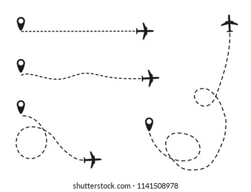 The airplane is in a dotted line. The flying apartment is black. The waypoint is for a tourist trip. and his track on a white background. Vector illustration.tourism and travel.