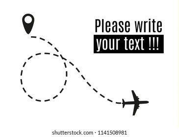 The airplane is in a dotted line. The flying apartment is black. The waypoint is for a tourist trip. and his track on a white background. Vector illustration.tourism and travel.