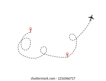 The airplane is in a dotted line. The flying apartment is black. The waypoint is for a tourist trip. and his track on a white background. Vector illustration.tourism and travel.