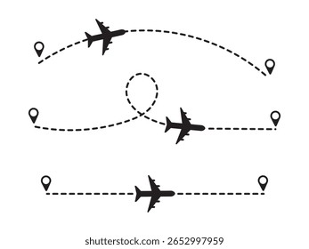 Airplane Dotted Line Icon Set for Travel Routes, Navigation, Flight Paths, Maps, and Aviation Design vector illustration.