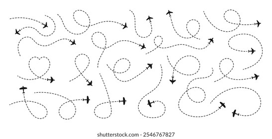 Airplane dotted line path. Airplane routes set. Plane route line. Planes dotted flight pathway. Plane route paths. Aircraft tracking way.