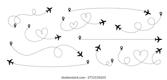 Airplane dotted line paths with location pins illustrating various travel routes and journey concepts