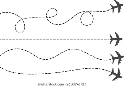 Airplane with dotted line route. air plane route dash line route. airplane icon set. plane symbol. flight symbol
