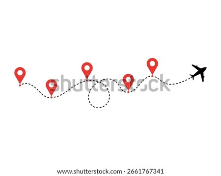 Airplane with dotted line route or Airplane flight line path