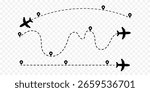 Airplane with dotted line route. flying plane with twisted, curved and straight dashed trace path. transparent png and vector illustration.