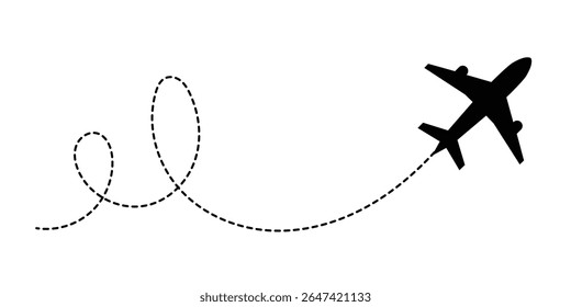 Avião com rota de linha pontilhada. avião voador com traçado torcido, curvo e tracejado reto. png transparente e ilustração vetorial em eps 10.