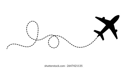 Avião com rota de linha pontilhada. avião voador com traçado torcido, curvo e tracejado reto. png transparente e ilustração vetorial em eps 10.