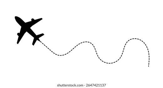 Avião com rota de linha pontilhada. avião voador com traçado torcido, curvo e tracejado reto. png transparente e ilustração vetorial em eps 10.