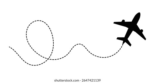 Avião com rota de linha pontilhada. avião voador com traçado torcido, curvo e tracejado reto. png transparente e ilustração vetorial em eps 10.