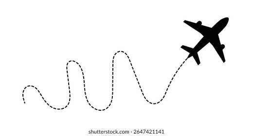 Avião com rota de linha pontilhada. avião voador com traçado torcido, curvo e tracejado reto. png transparente e ilustração vetorial em eps 10.