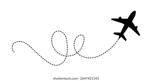 Avião com rota de linha pontilhada. avião voador com traçado torcido, curvo e tracejado reto. png transparente e ilustração vetorial em eps 10.