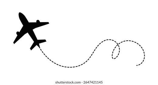 Avião com rota de linha pontilhada. avião voador com traçado torcido, curvo e tracejado reto. png transparente e ilustração vetorial em eps 10.