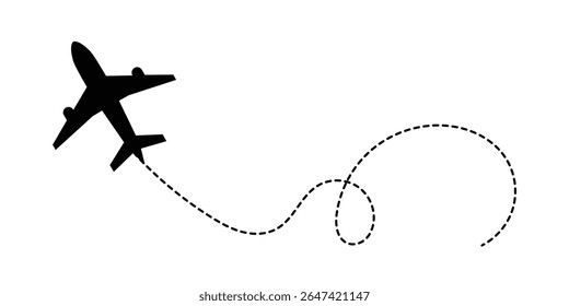 Avião com rota de linha pontilhada. avião voador com traçado torcido, curvo e tracejado reto. png transparente e ilustração vetorial em eps 10.