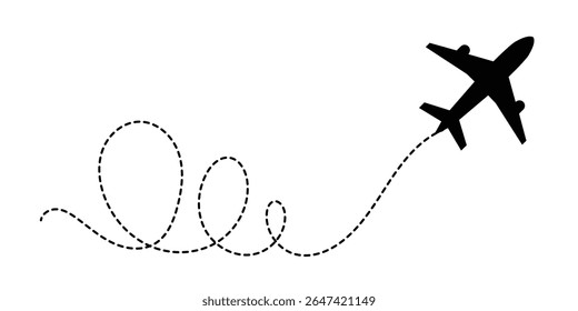 Avião com rota de linha pontilhada. avião voador com traçado torcido, curvo e tracejado reto. png transparente e ilustração vetorial em eps 10.