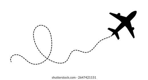 Airplane with dotted line route. flying plane with twisted, curved and straight dashed trace path. transparent png and vector illustration in eps 10.