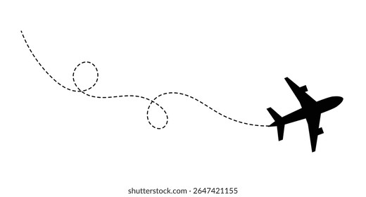 Avião com rota de linha pontilhada. avião voador com traçado torcido, curvo e tracejado reto. png transparente e ilustração vetorial em eps 10.